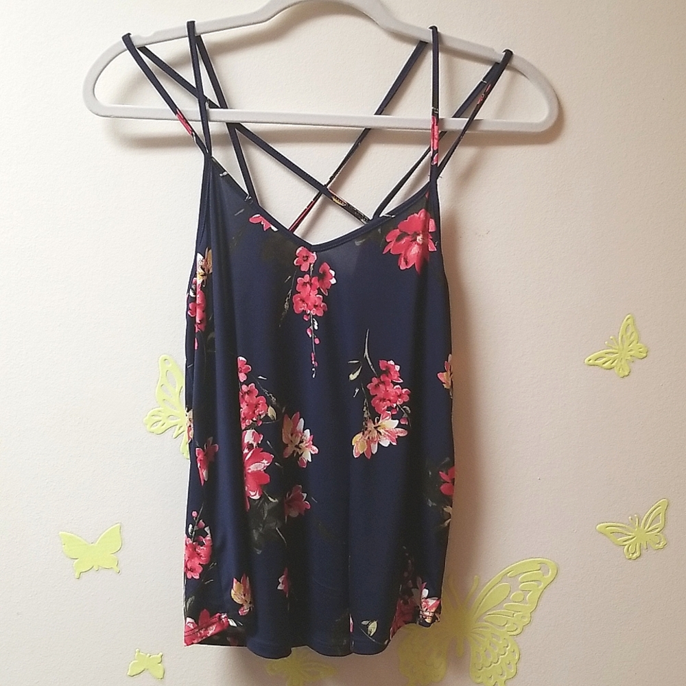 Papermoon Basima Back Detail Top Navy Blue Floral Small Petite New